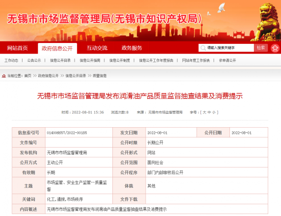 江蘇省無錫市市場監管局抽查20批次潤滑油產品